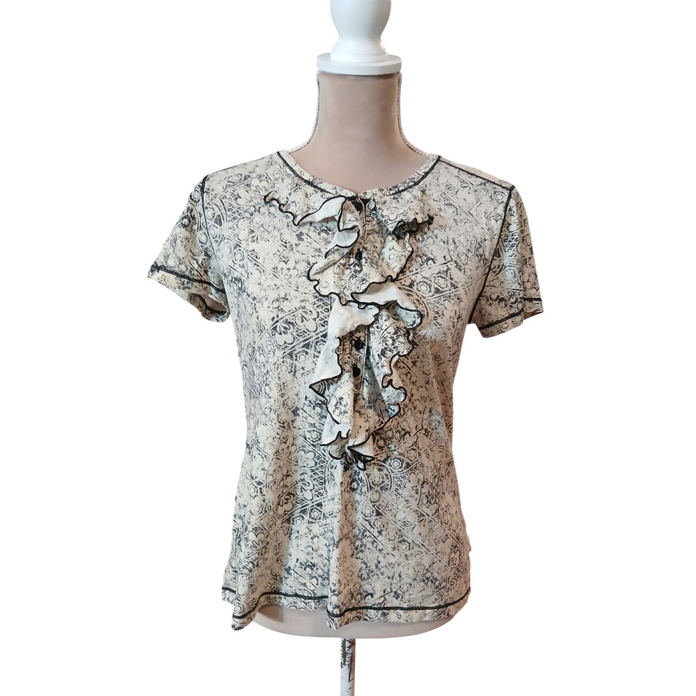 SOLD SOLD. Women's Cream Black Patterned Ruffle Button Top Size Medium